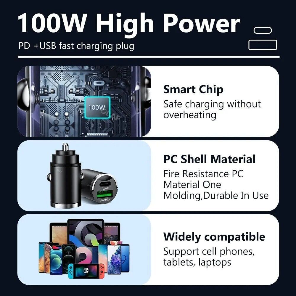 100W Mini Car Charger - Fast Charging, Type-C & USB-A, Compact, Durable