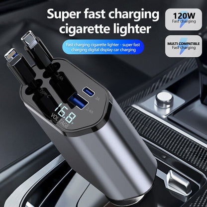 Retractable Car Charger for iPhone & Samsung - 4 in 1 Fast Charger