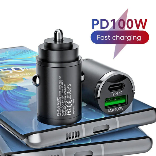 100W Mini Car Charger - Fast Charging, Type-C & USB-A, Compact, Durable