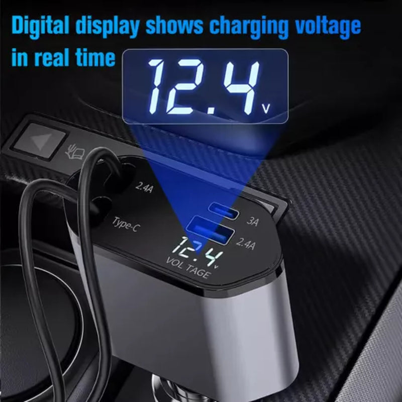 Retractable Car Charger for iPhone & Samsung - 4 in 1 Fast Charger