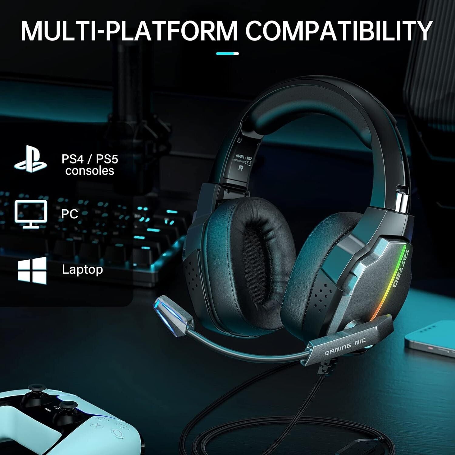 TATYBO Gaming Headset with 7.1 Surround Sound, Noise-Cancelling Mic, LED Lights