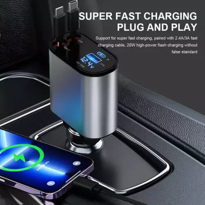 Retractable Car Charger for iPhone & Samsung - 4 in 1 Fast Charger