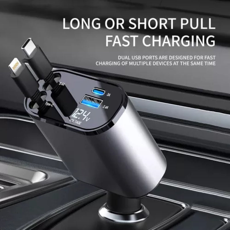 Retractable Car Charger for iPhone & Samsung - 4 in 1 Fast Charger