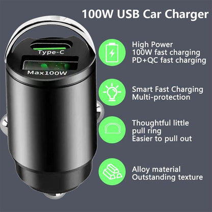 100W Mini Car Charger - Fast Charging, Type-C & USB-A, Compact, Durable