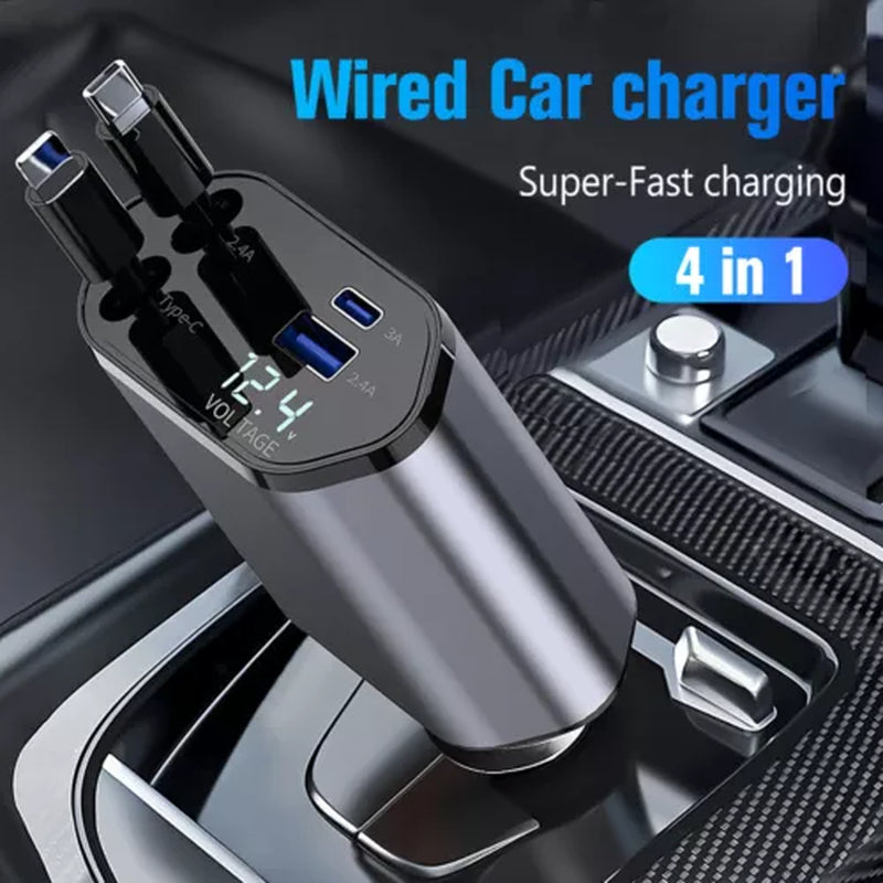 Retractable Car Charger for iPhone & Samsung - 4 in 1 Fast Charger