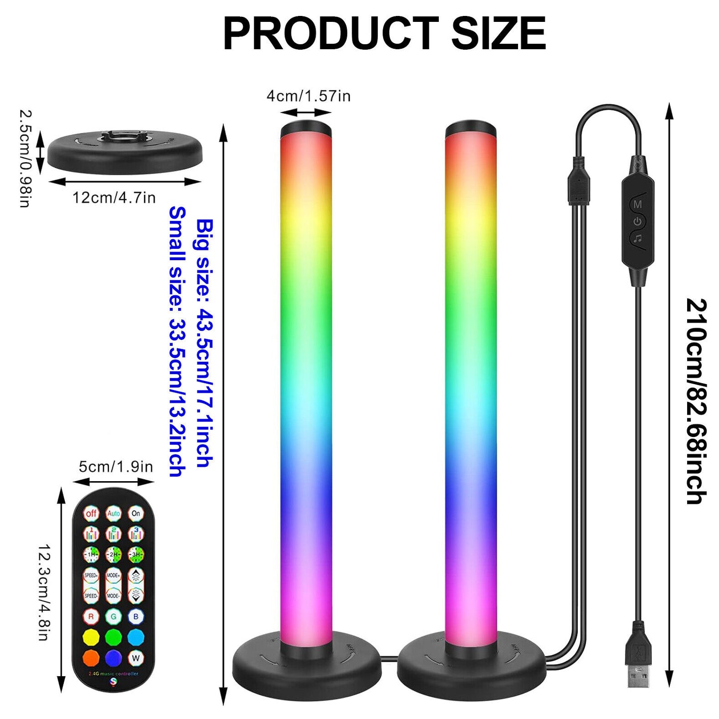 Smart LED Light Bar 360° RGB – Music Sync, 16M Colours, 8 Scene Modes - Size Guide